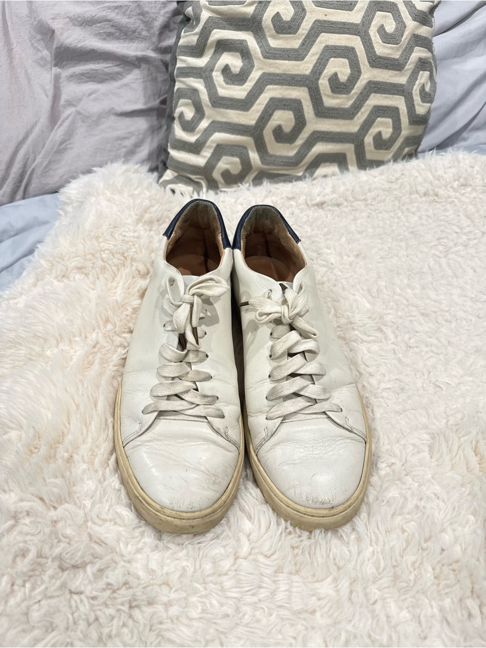 White Leather Low-Top Sneakers with Navy Heel Accent